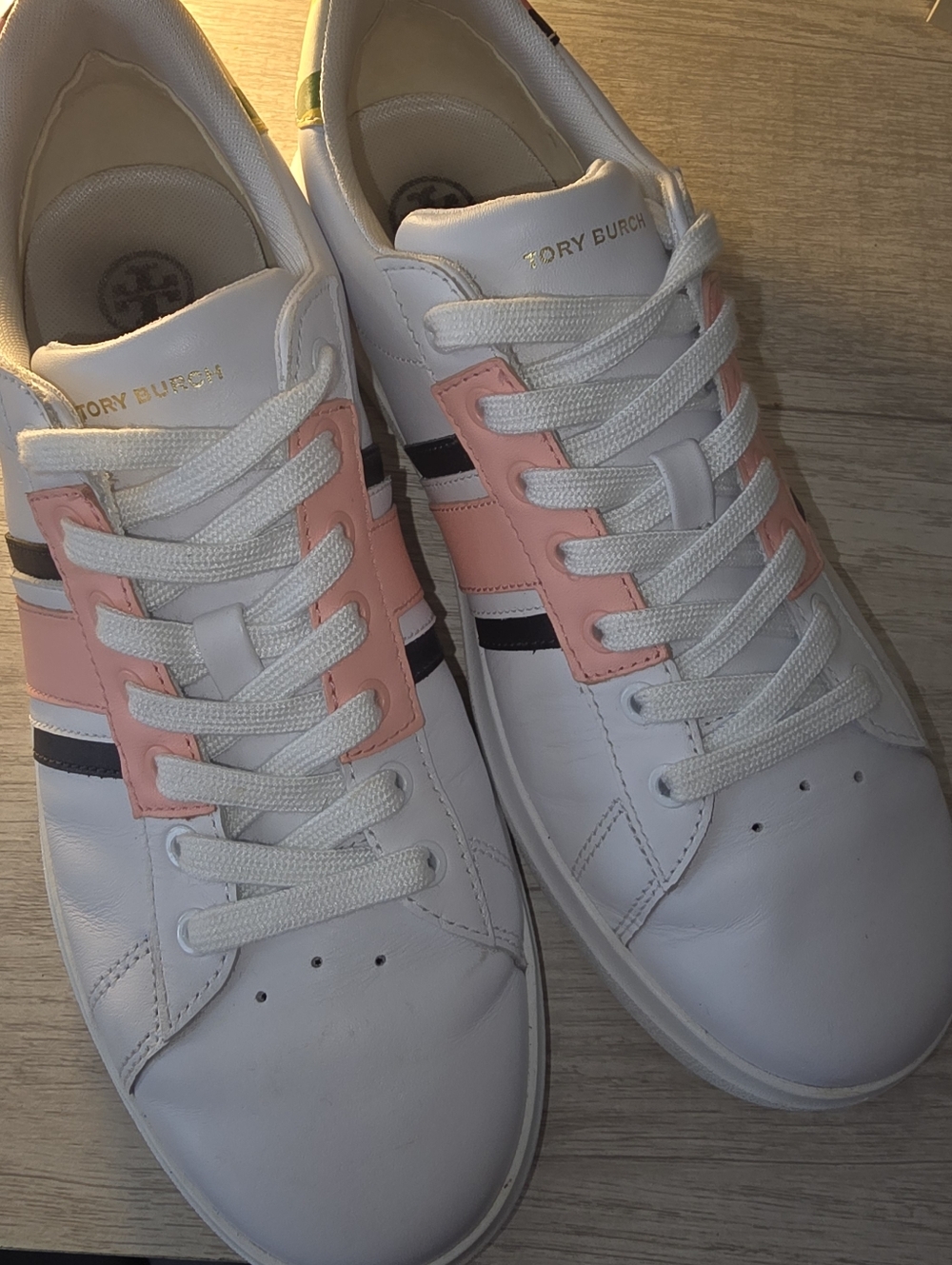 Tory Burch Howell Court Striped Sneakers - White Leather with Pink & Navy Accent